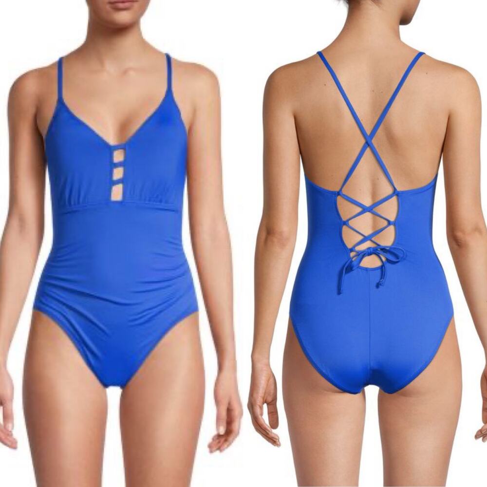 La Blanca Island Goddess Lace-Up One Piece Swimsuit Blue Women's 0 NWOT Ruching